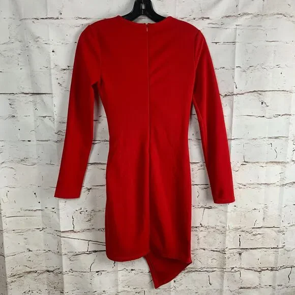 Favlux Red V-Neck Ruched Mini Dress Long Sleeve Size Small Y2K Cocktail Party - Picture 2 of 7